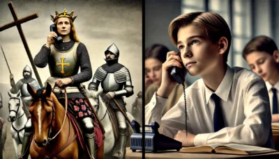 dall%c2%b7e-2025-03-13-18-30-42-hyper-realistic-cinematic-split-screen-scene_-on-the-left-joan-of-arc-is-clearly-depicted-being-solemnly-escorted-by-medieval-guards-toward-the-stake